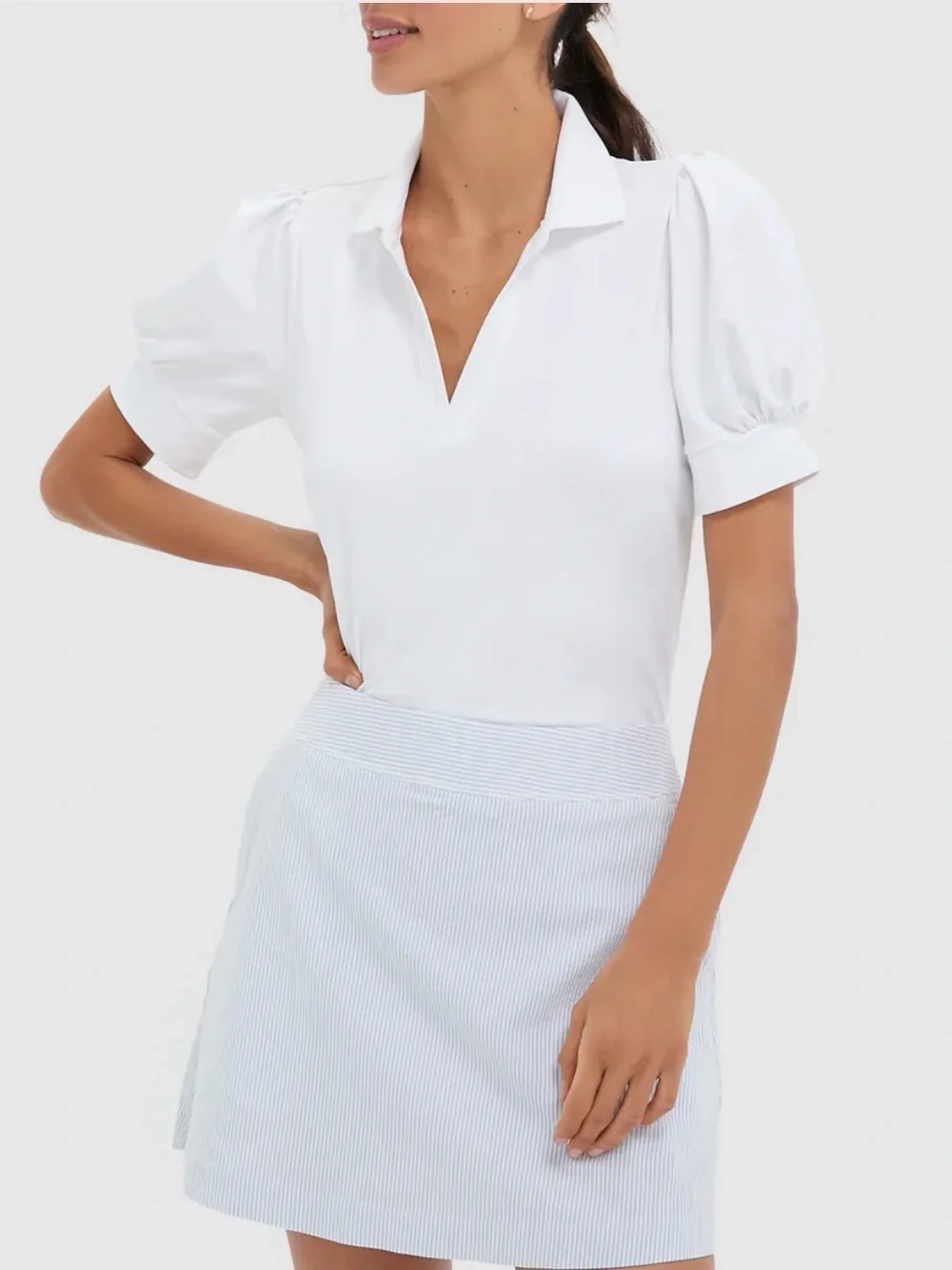Tuckernuck Tuck Sport White Puff-Sleeve Polo Blouse Small